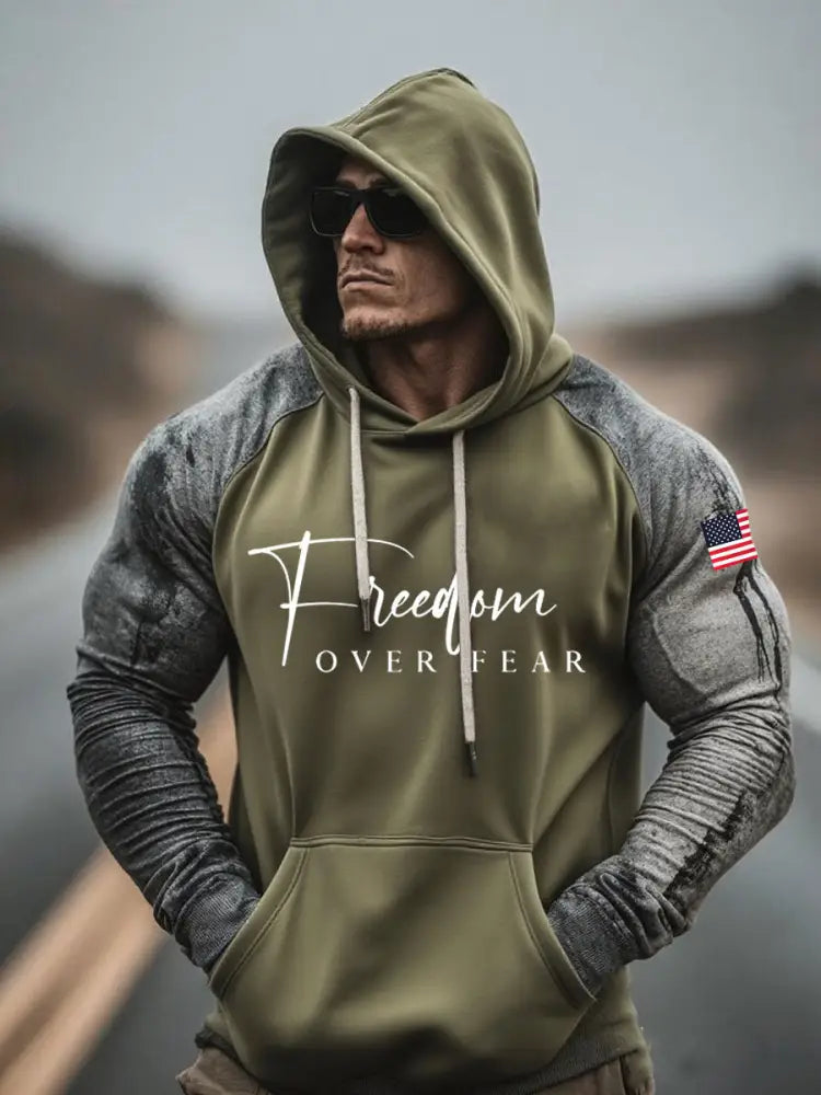 Men’s Freedom Over Fear Printed Casual Hoodie Army Green / S