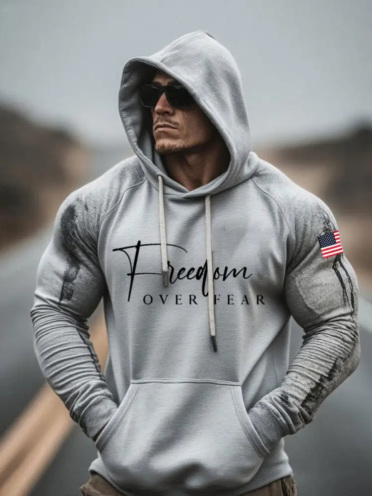 Men’s Freedom Over Fear Printed Casual Hoodie Light Gray / S