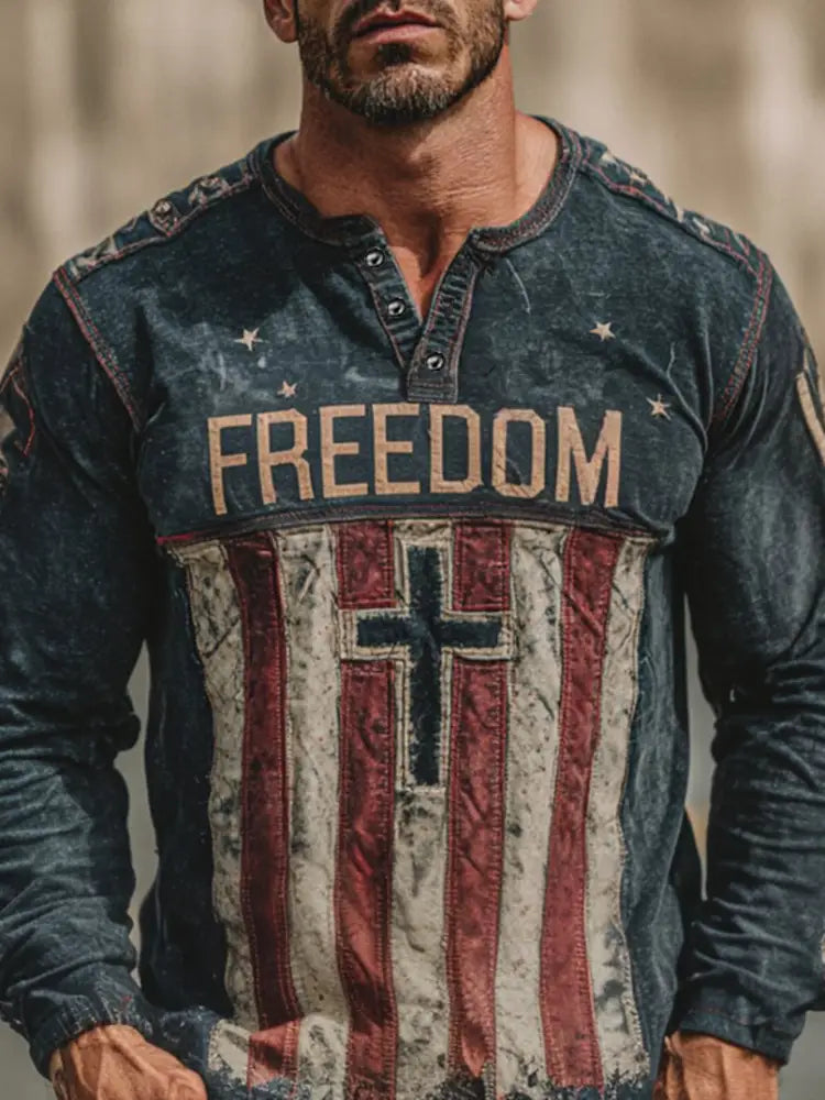 Men’s Freedom Print Casual Button T-Shirt As picture / S