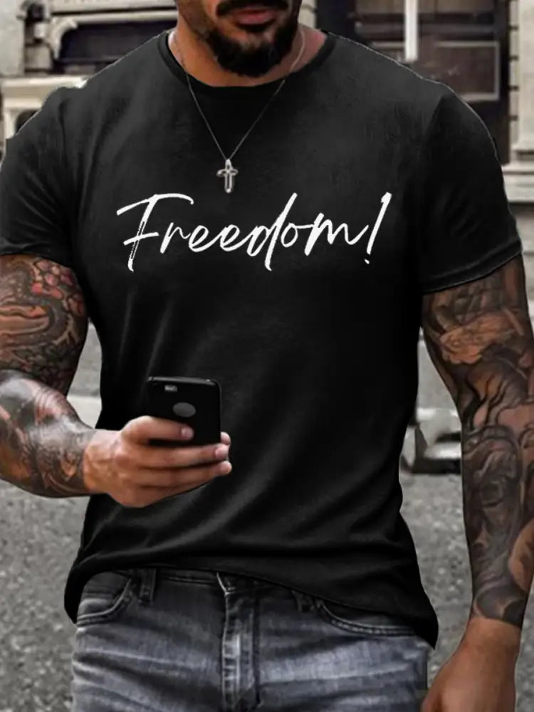 Men’s Freedom Print imitation cotton short-sleeved T-shirt Black / S