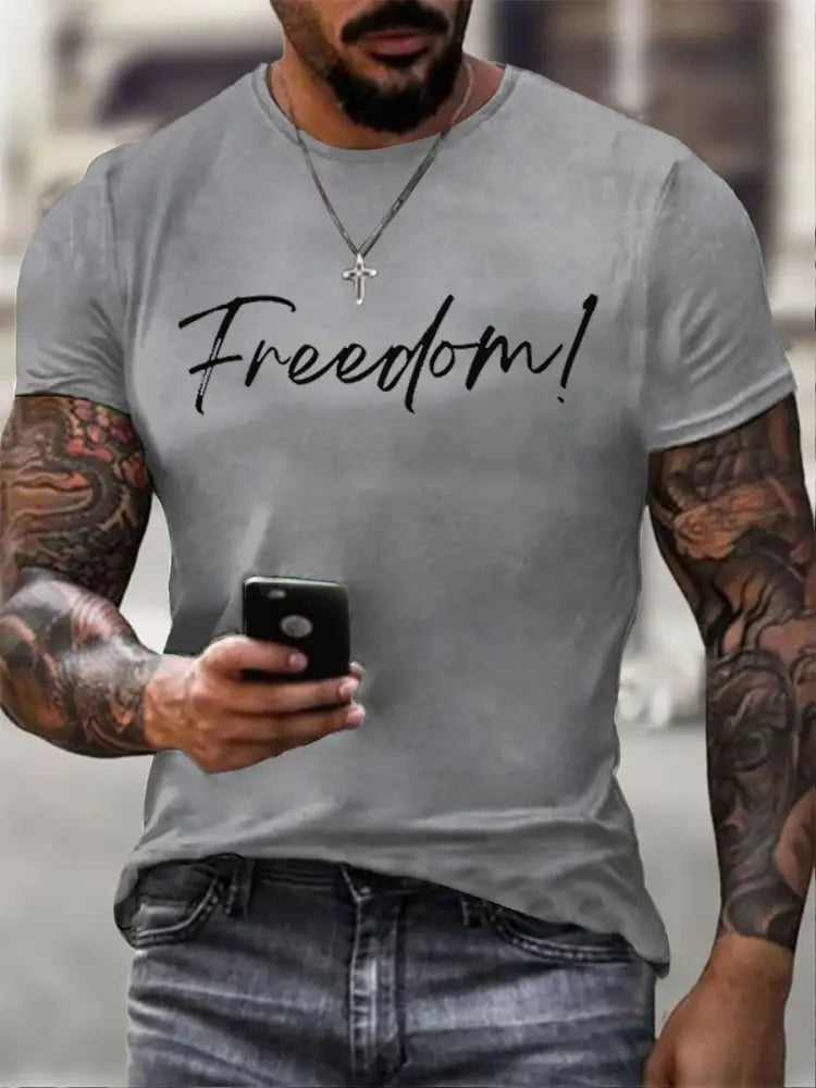 Men’s Freedom Print imitation cotton short-sleeved T-shirt Light Gray / S