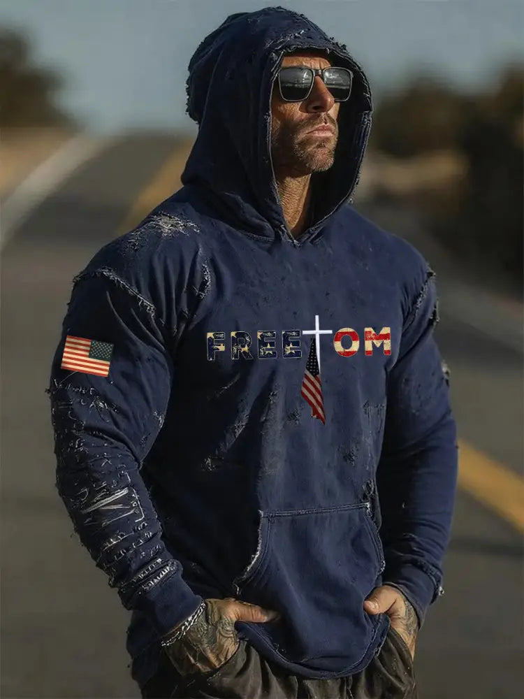 Men’s Freedom Printed Casual Hoodie Navy Blue / S