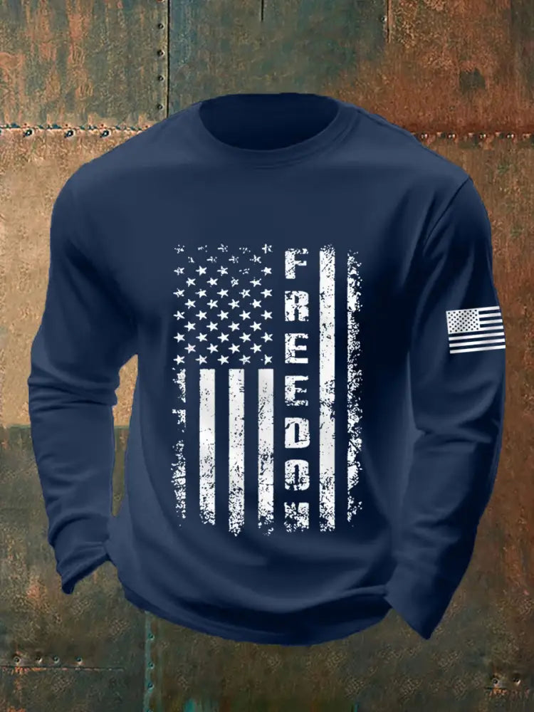 Men’s Freedom USA Flag Print Long-Sleeve T-Shirt Navy Blue / S