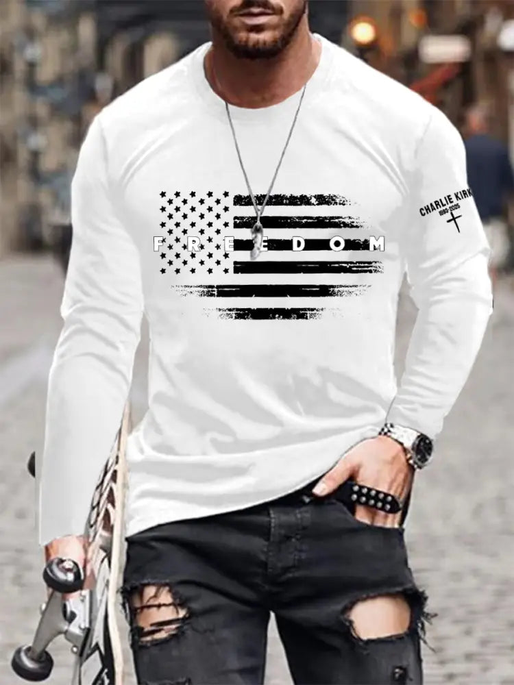 Men’s Freedom USA Flag Print Long Sleeve T-Shirt White / S