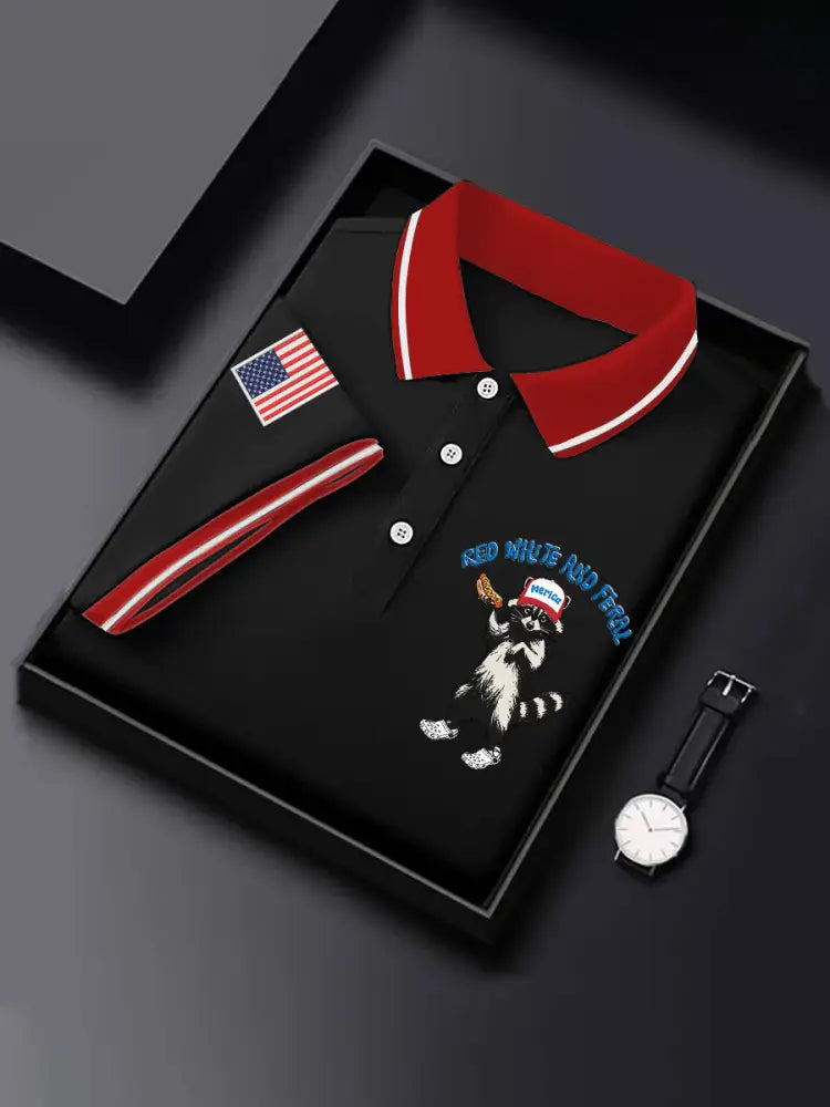 Men’s Funny 4th Of July Red White And Feral American Flag Print Casual Top Black / S