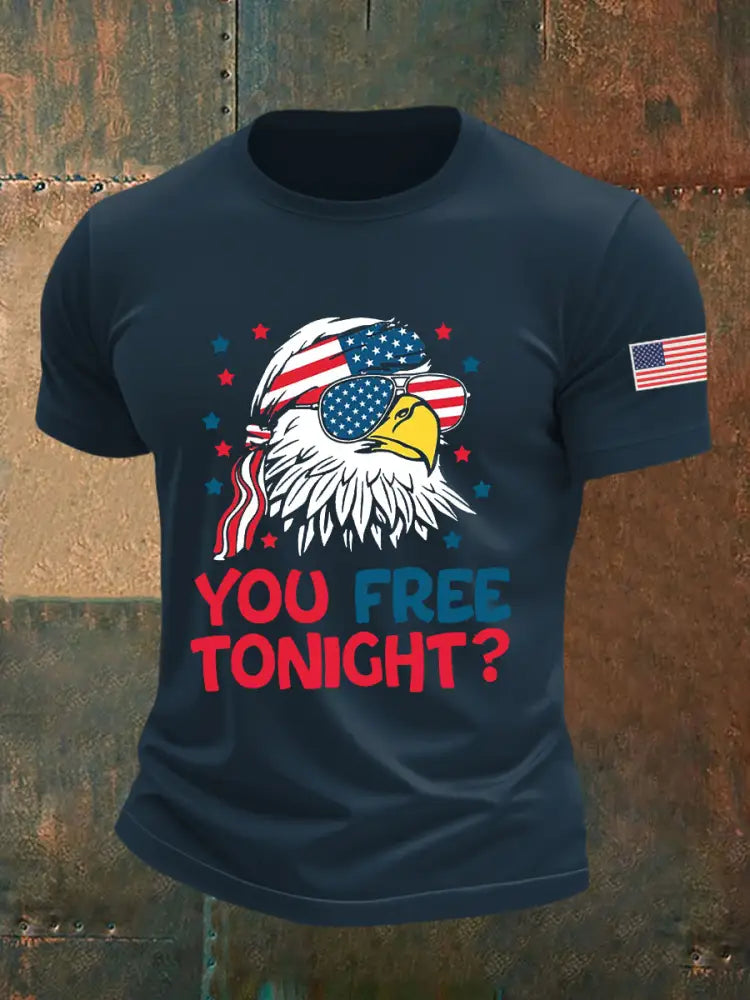 Men’s Funny Fourth of July Funny Eagle You Free Tonight Short Sleeve T-shirt Navy Blue / S
