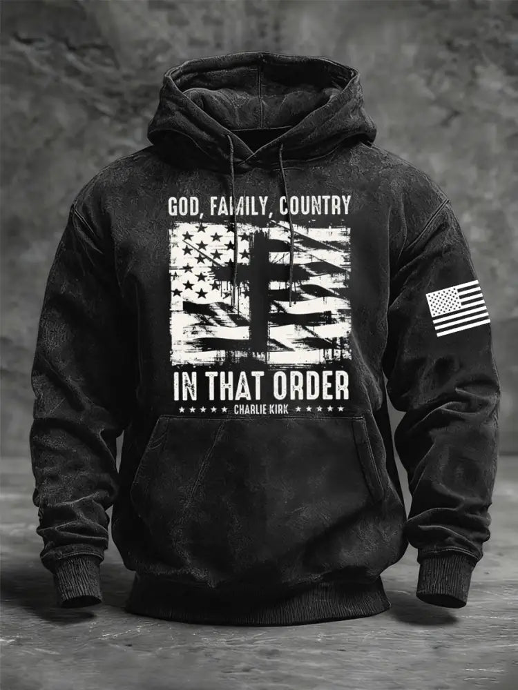 Men’s God Family Country Charlie Kirk Oversized Drop-Shoulder Hoodie with Pockets Black / S