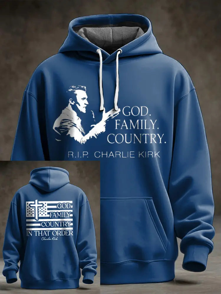Men’s God Family Country Charlie Kirk Printed Hoodie Blue / S