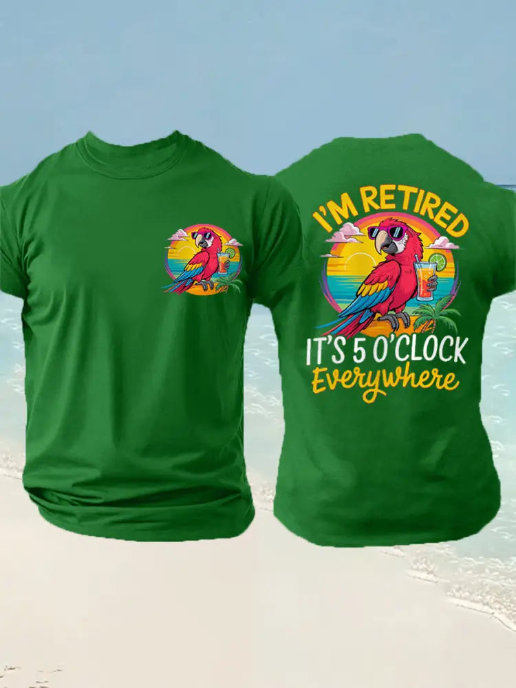 Men’s I’m Retired It’s 5 O’clock Everywhere Parrot Print Casual Tee Green / S