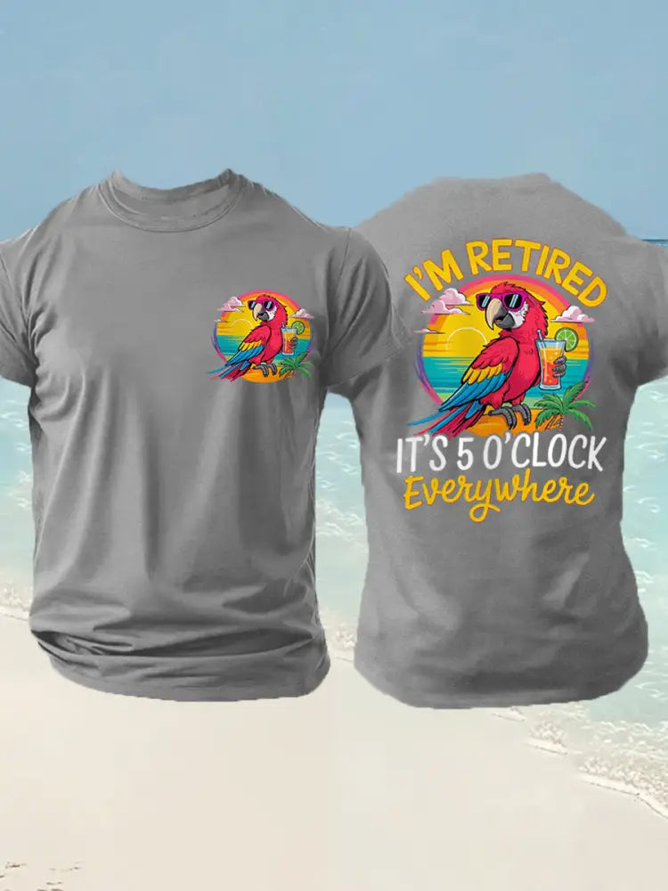 Men’s I’m Retired It’s 5 O’clock Everywhere Parrot Print Casual Tee Light Gray / S