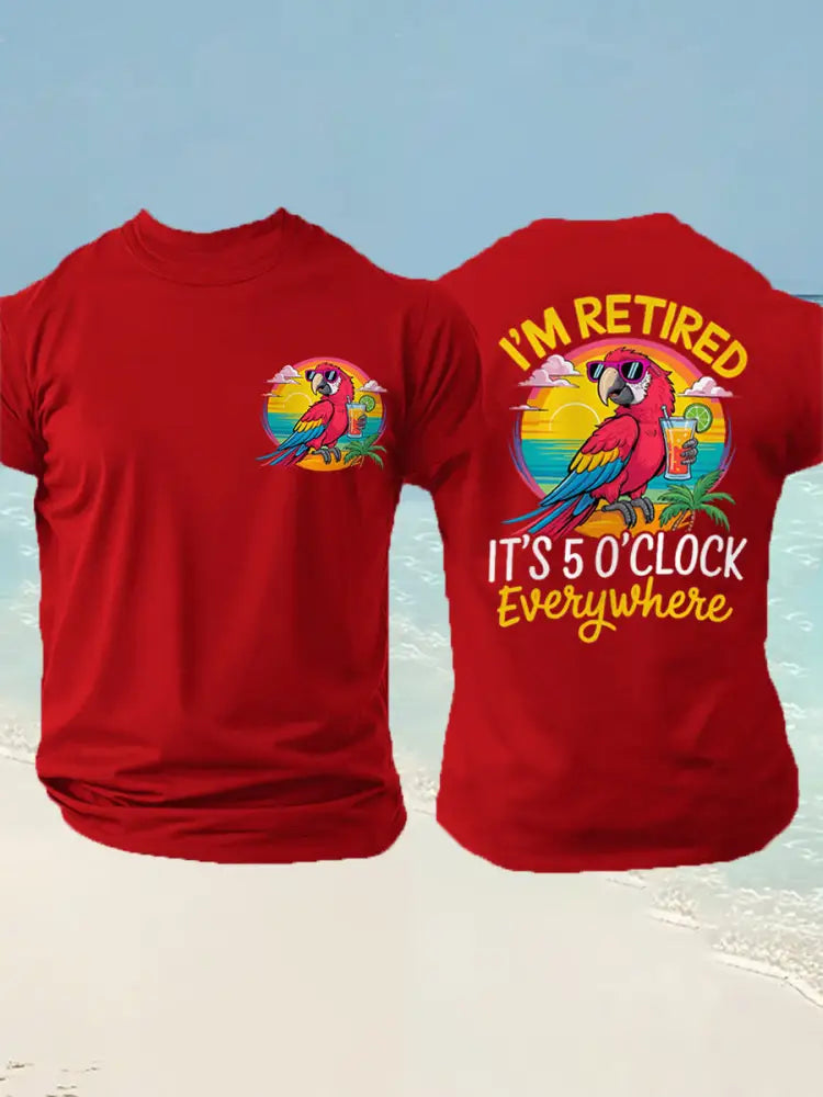 Men’s I’m Retired It’s 5 O’clock Everywhere Parrot Print Casual Tee Pure Red / S