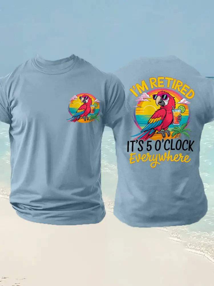 Men’s I’m Retired It’s 5 O’clock Everywhere Parrot Print Casual Tee Sky Blue / S