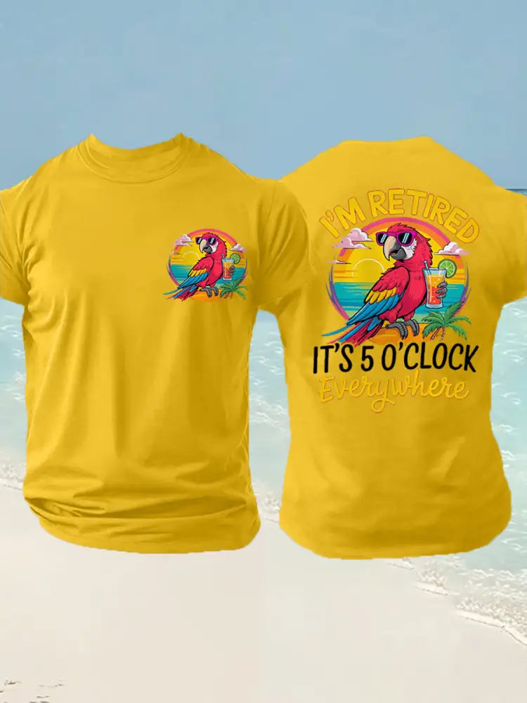 Men’s I’m Retired It’s 5 O’clock Everywhere Parrot Print Casual Tee Yellow / S