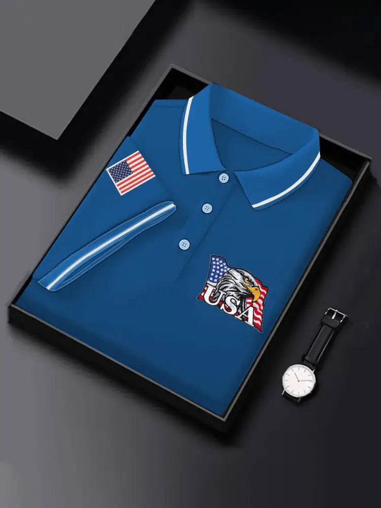 Men’s Independence Day American Flag Bald Eagle Print Casual Top Blue / S