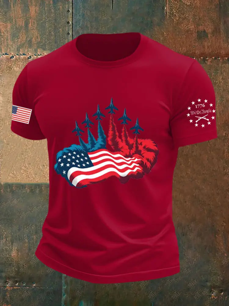 Men’s Independence Day American Flag Jet Planes Print Casual T-shirt Deep Red / S