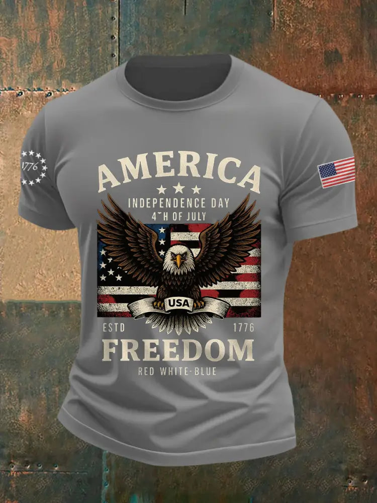 Men’s Independence Day Freedom Bald Eagle Graphic Casual Tee Light Gray / S