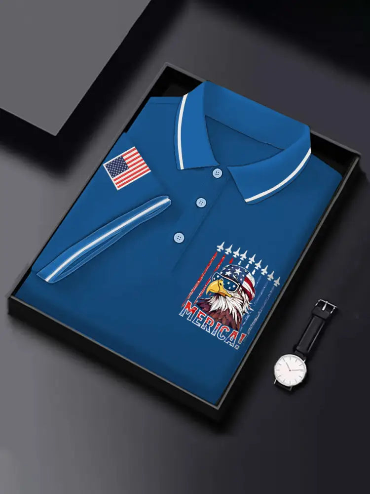 Men’s Independence Day Patriotic Eagle Fighter Jet Airplane American Flag Print Casual Top Blue / S