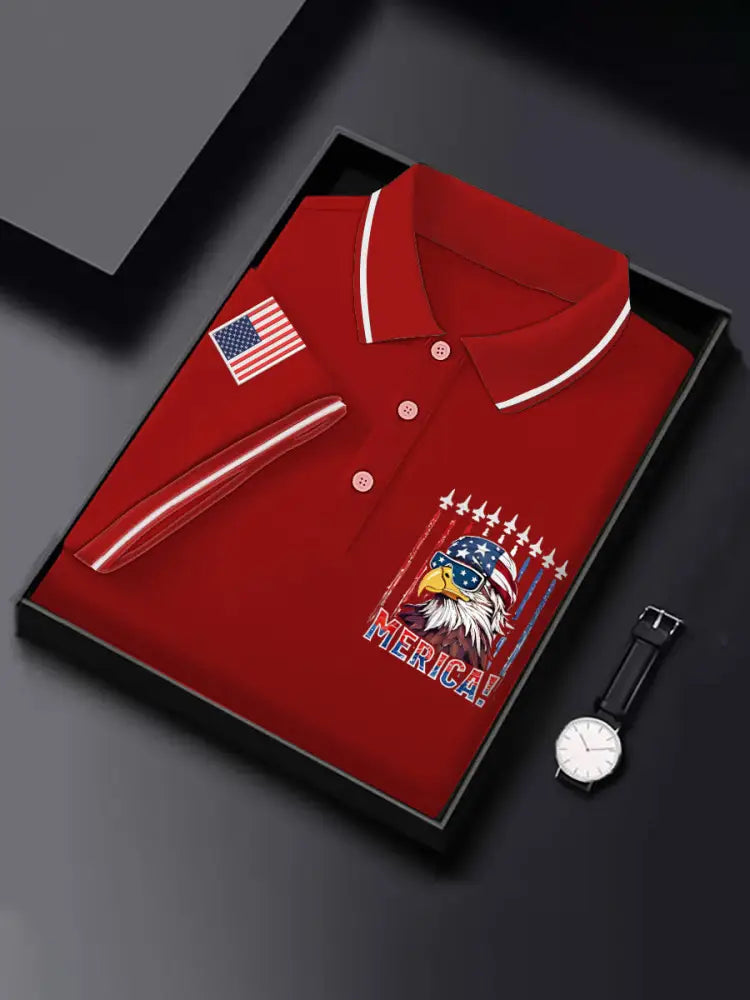 Men’s Independence Day Patriotic Eagle Fighter Jet Airplane American Flag Print Casual Top Red / S