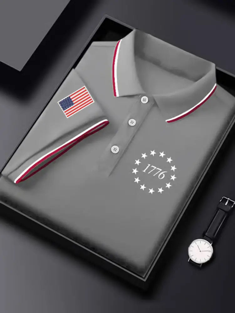 Men’s Independence Day USA Flag 1776 Print Casual Top Gray / S