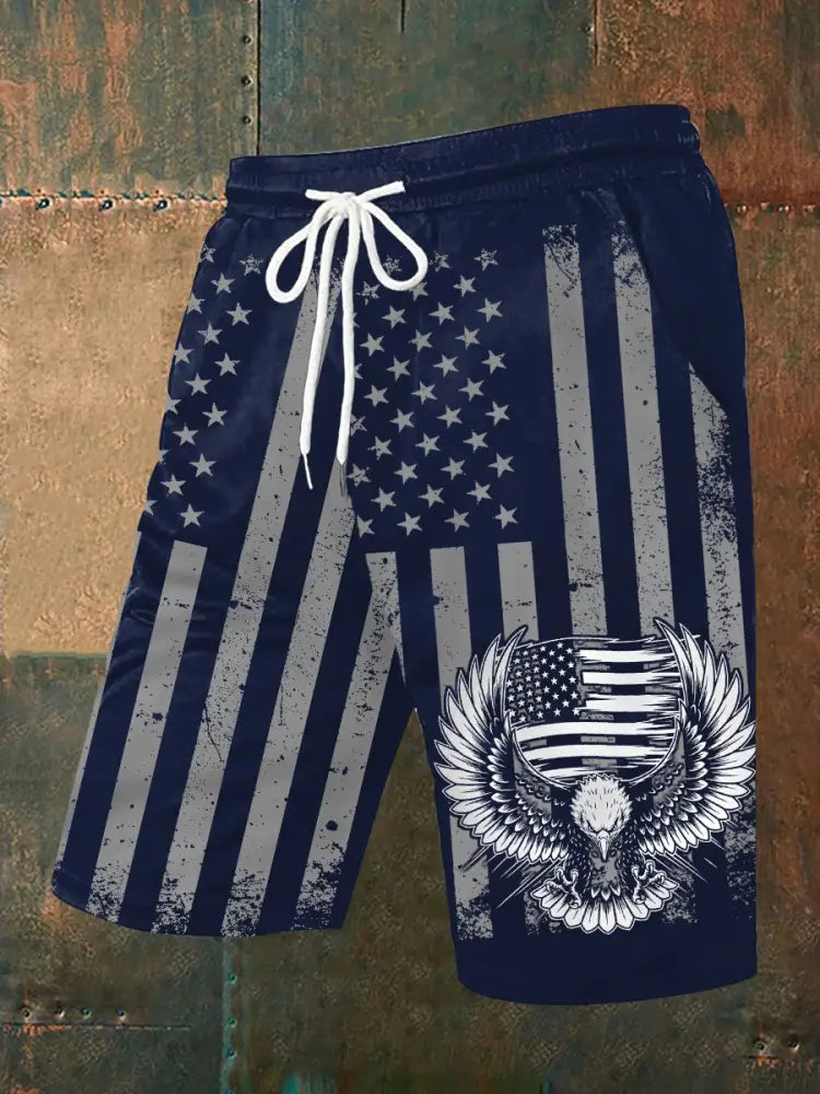 Men’s Independence Day USA Flag Bald Eagle Print Casual Shorts Navy Blue / S