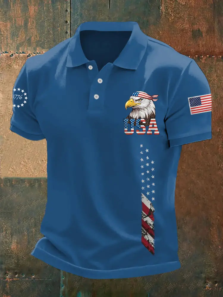Men’s Independence Day USA Flag Bald Eagle Print Casual Top Blue / S
