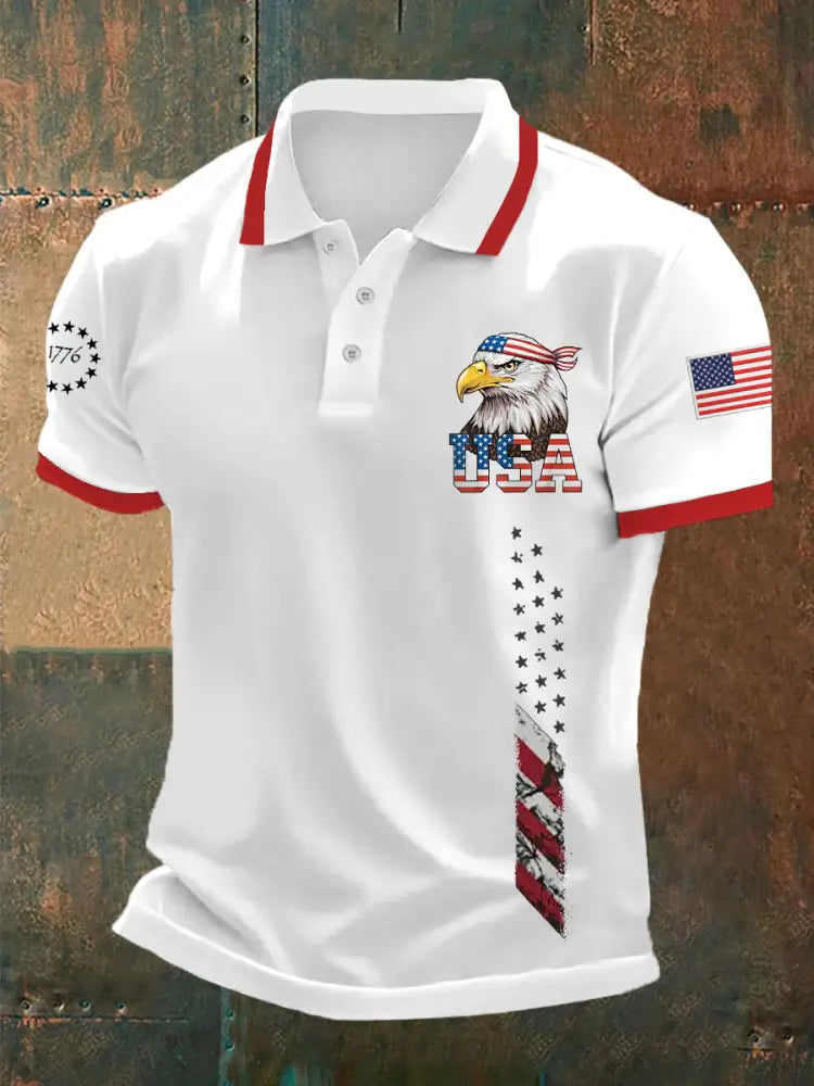 Men’s Independence Day USA Flag Bald Eagle Print Casual Top White / S
