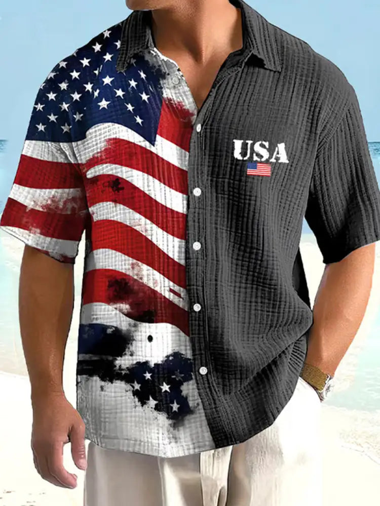 Men’s Independence Day USA Flag Print Casual Shirt Black / S