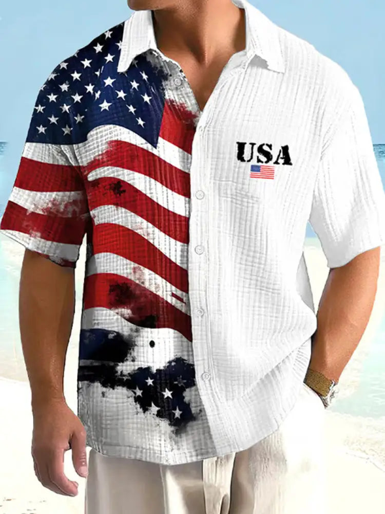 Men’s Independence Day USA Flag Print Casual Shirt White / S