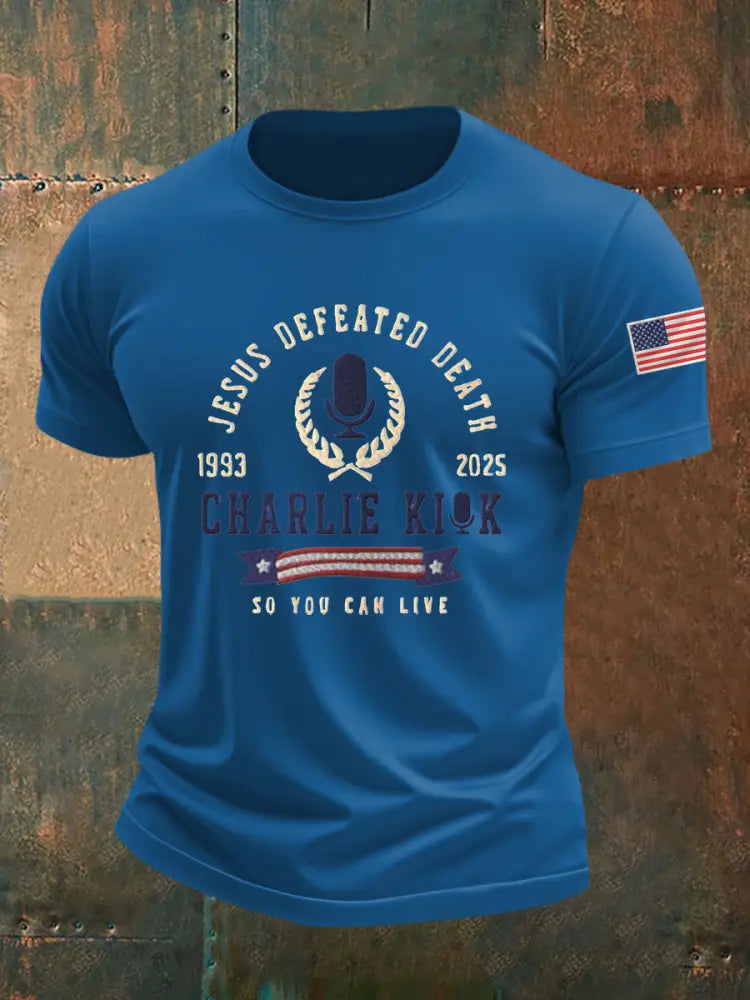 Men’s Jesus Defeated Death So You Can Live R.I.P Charlie Kirk Tee Blue / S