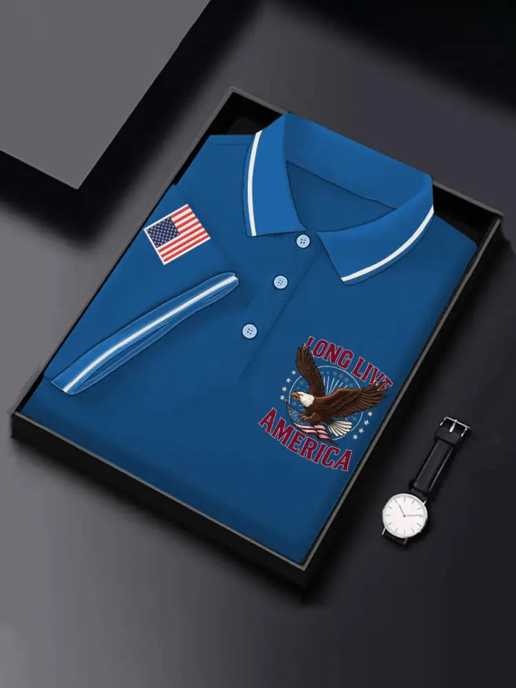 Men’s Long Live America Bald Eagle Print Independence Day Casual Top Blue / S