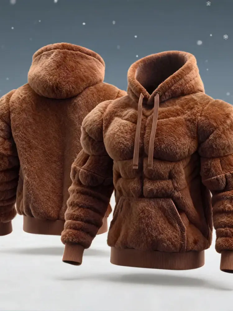 Men’s Muscle Art Flannel Warm Hoodie Brown / S