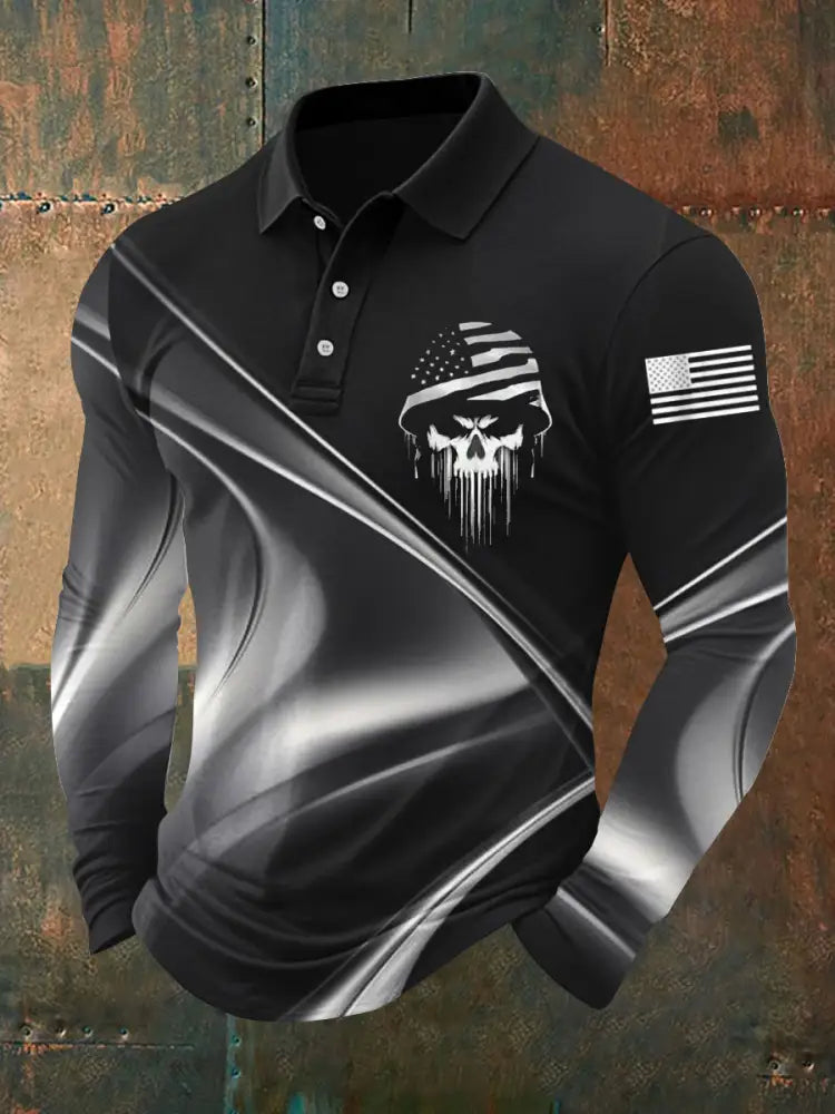 Men’s Patriotic USA Soldier Skull Long Sleeve Shirt Black / S