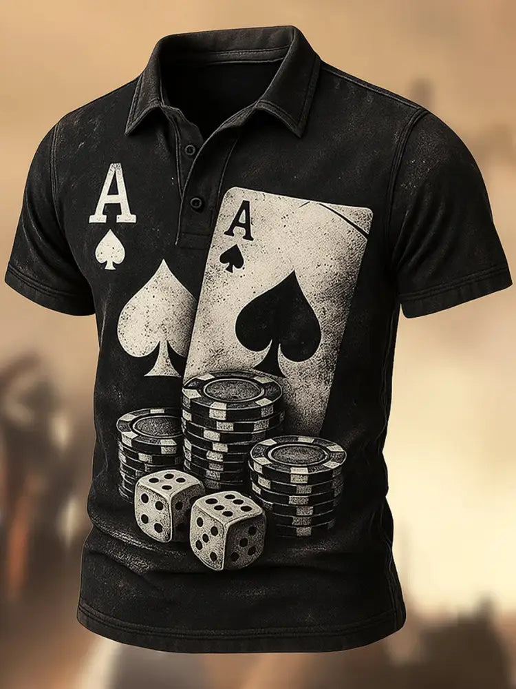 Men’s Retro Poker Art Printed Vintage Texture V-Neck Short Sleeves Polo-Shirt A / S