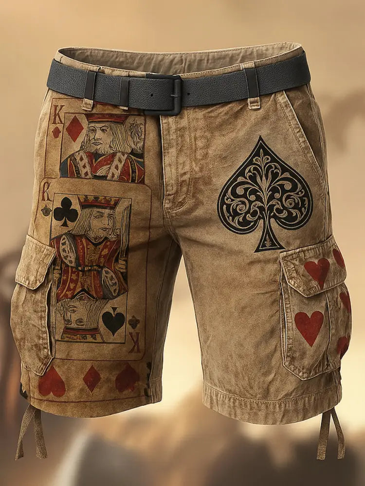 Men’s Retro Texas Hold’em Poker Printed Texture Drawstring Pocket Casual Cargo Shorts