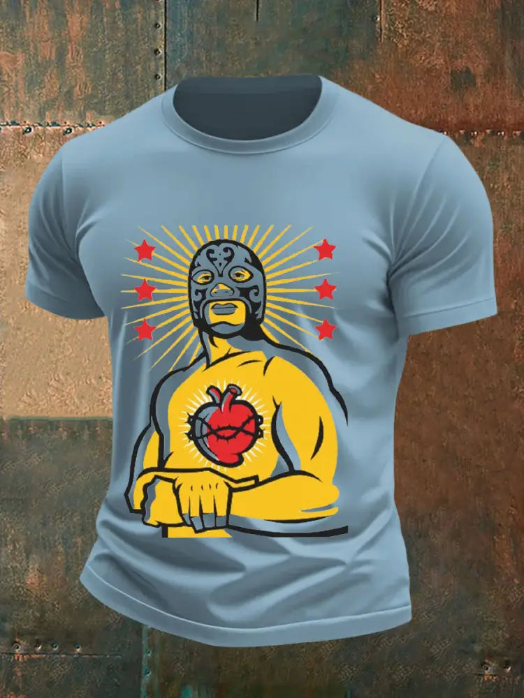 Men’s Sacred Heart Wrestling Mask T-Shirts Sky Blue / S