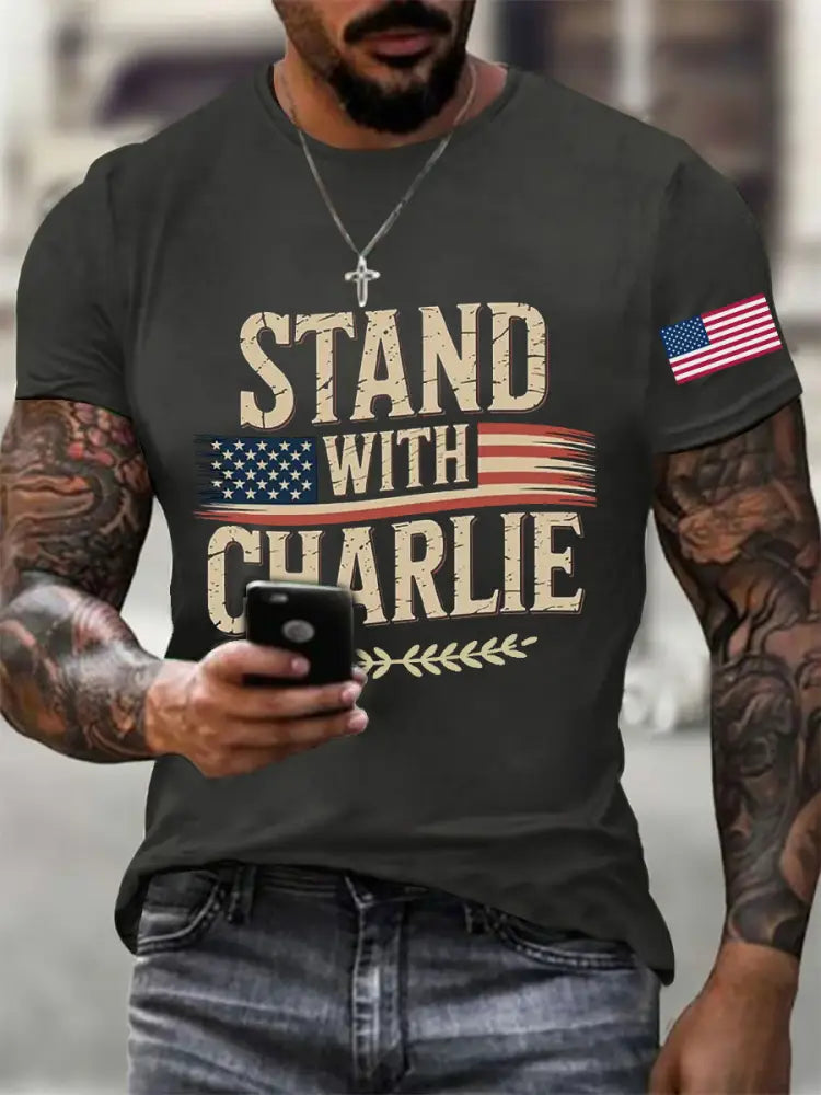 Men’s Stand With Charlie Kirk Printed T-shirt Dark Gray / S