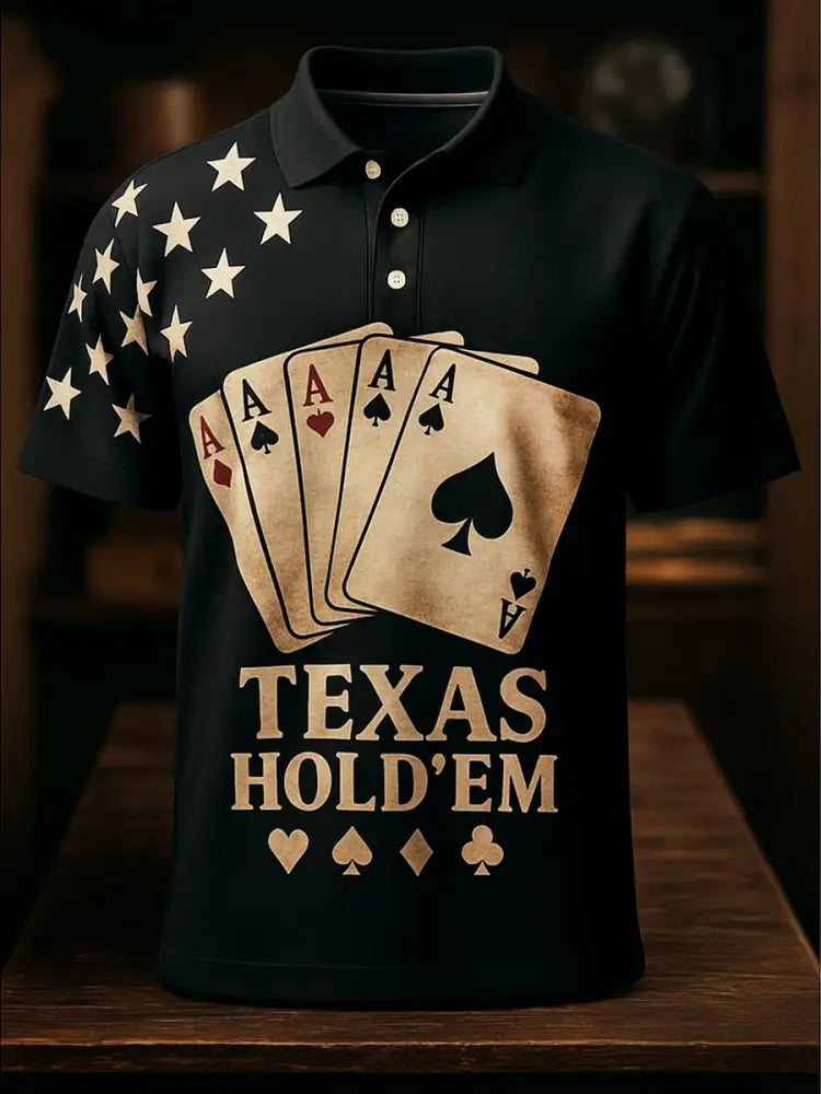 Men’s Texas Hold’em Poker Printed Athletic Retro Style V-Neck Short Sleeves Polo-Shirt A / S