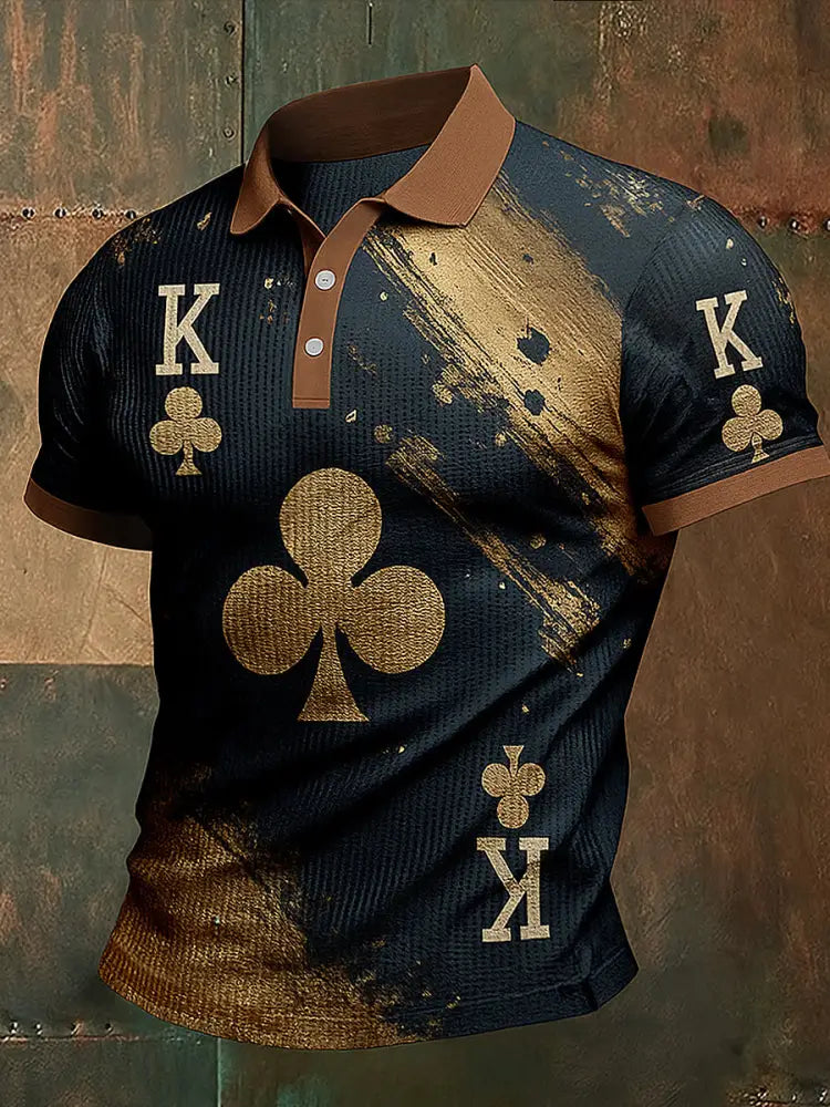 Men’s Texas Hold’em Poker Printed Waffle Texture Athletic V-Neck Short Sleeves Polo Shirt A / S