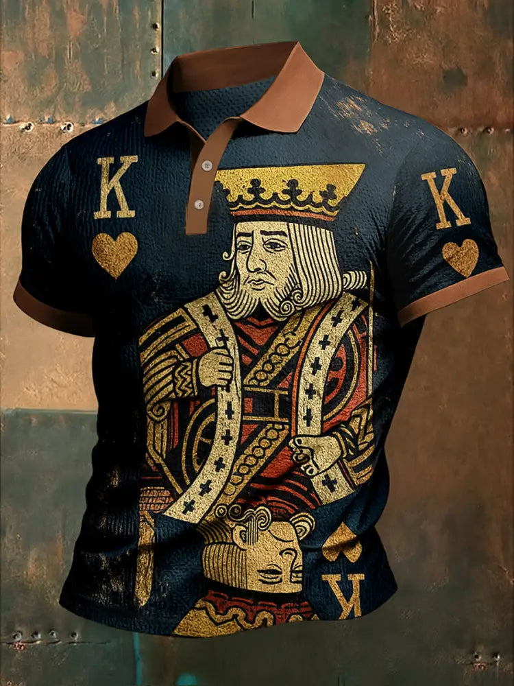 Men’s Texas Hold’em Poker Printed Waffle Texture Athletic V-Neck Short Sleeves Polo Shirt A / S