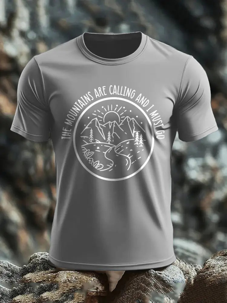 Men’s The Moutains Are Callinh And I Must Go Hiking Lover Printed T-shirt Light Gray / S