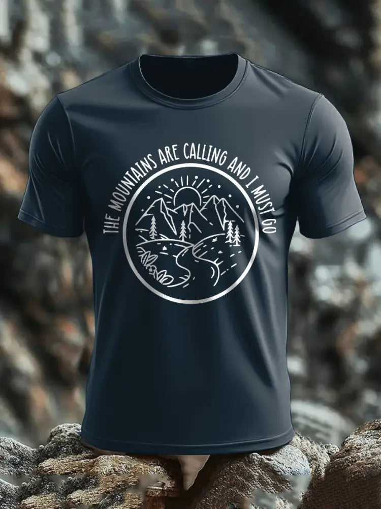 Men’s The Moutains Are Callinh And I Must Go Hiking Lover Printed T-shirt Navy Blue / S