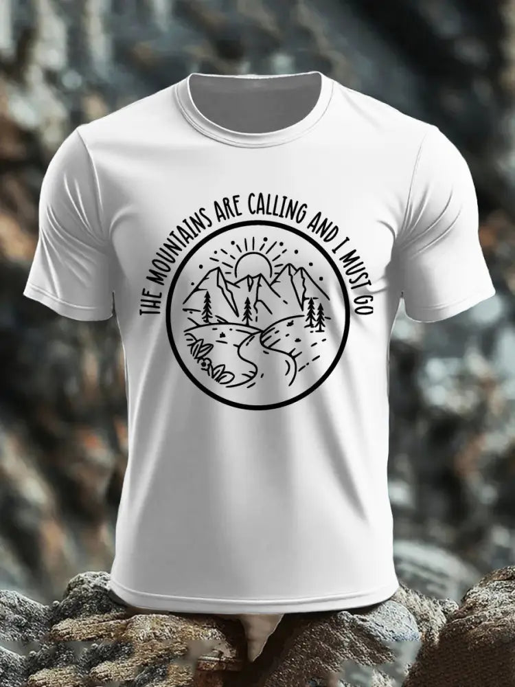 Men’s The Moutains Are Callinh And I Must Go Hiking Lover Printed T-shirt White / S