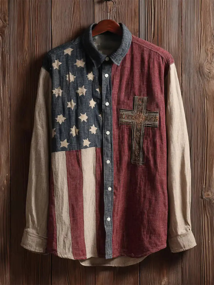 Men’s Vintage American Flag Faith Cross Long-Sleeve Shirt As picture / S