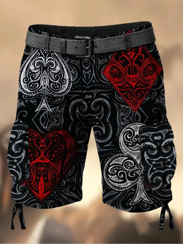Men’s Vintage Texas Hold’em Poker Graphic Printed Texture Drawstring Pocket Casual Cargo Shorts A / M