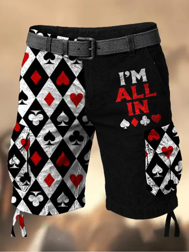 Men’s Vintage Texas Hold’em Poker Graphic Printed Texture Drawstring Pocket Casual Cargo Shorts A / M