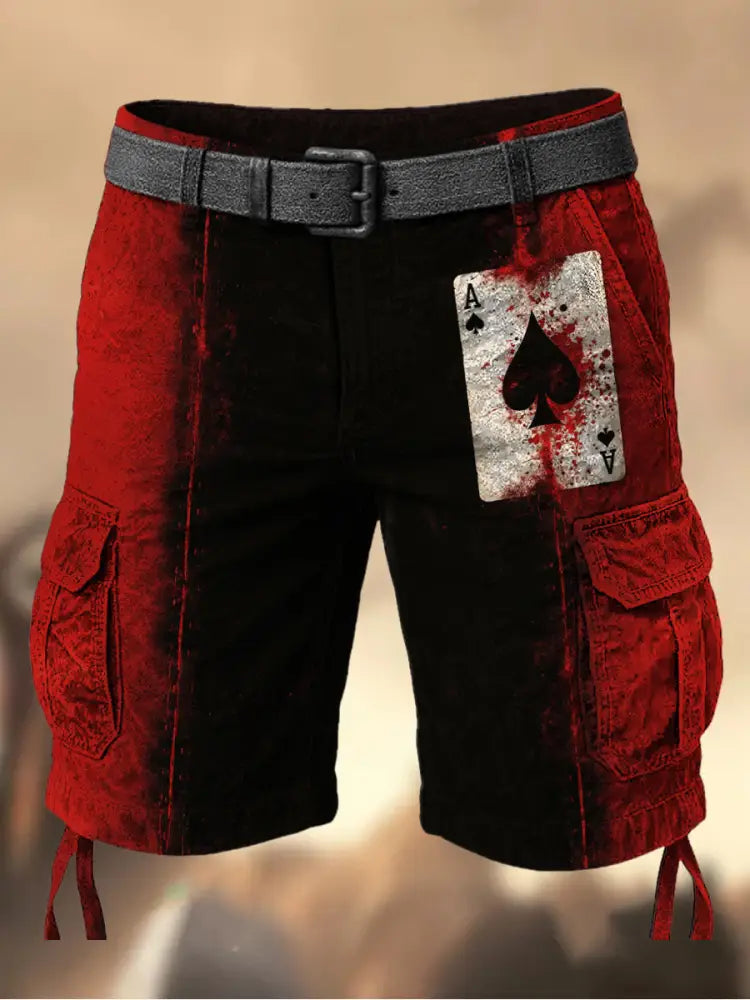 Men’s Vintage Texas Hold’em Poker Graphic Printed Texture Drawstring Pocket Casual Cargo Shorts A / M