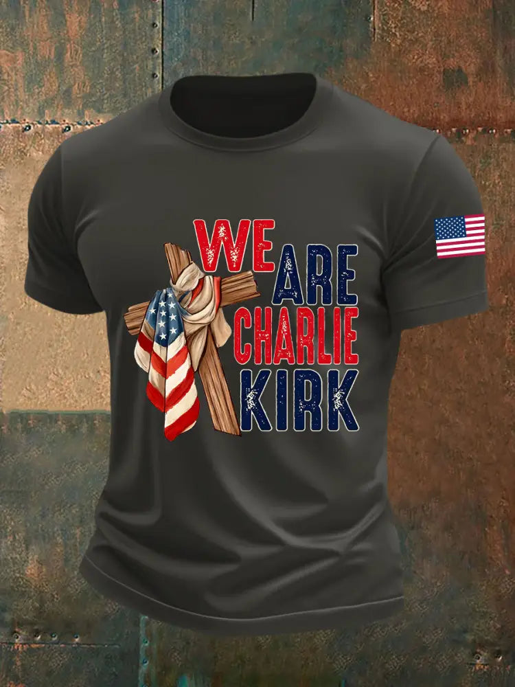 Men’s We Are Charlie Kirk Flag Cross Short-sleeved T-shirt Dark Gray / S