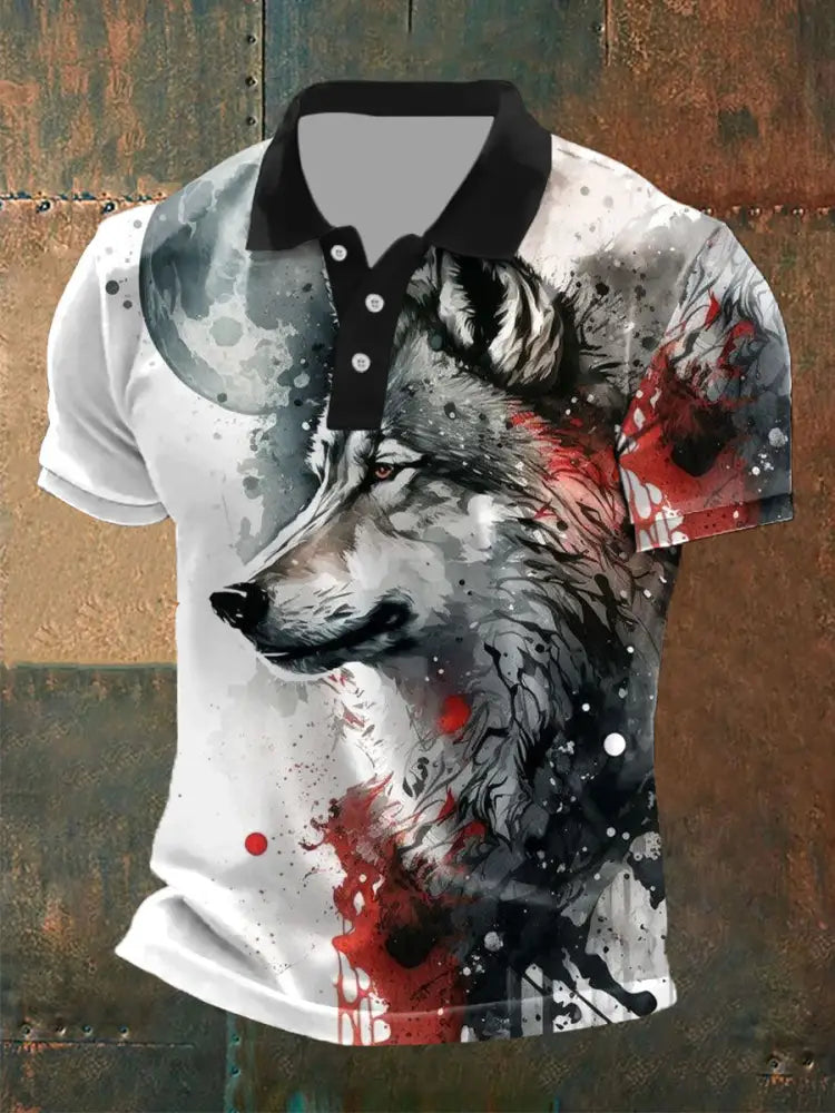 Men’s wolf print casual tops Black / S