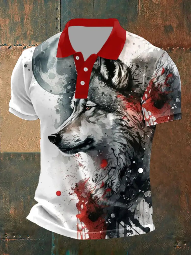 Men’s wolf print casual tops Red / S