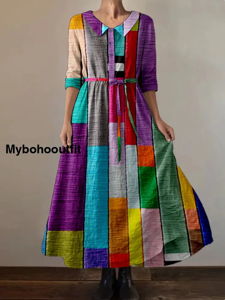 Retro Abstract Art Print Vintage Chic Round Neck Button Long Sleeve Midi Dress A / S